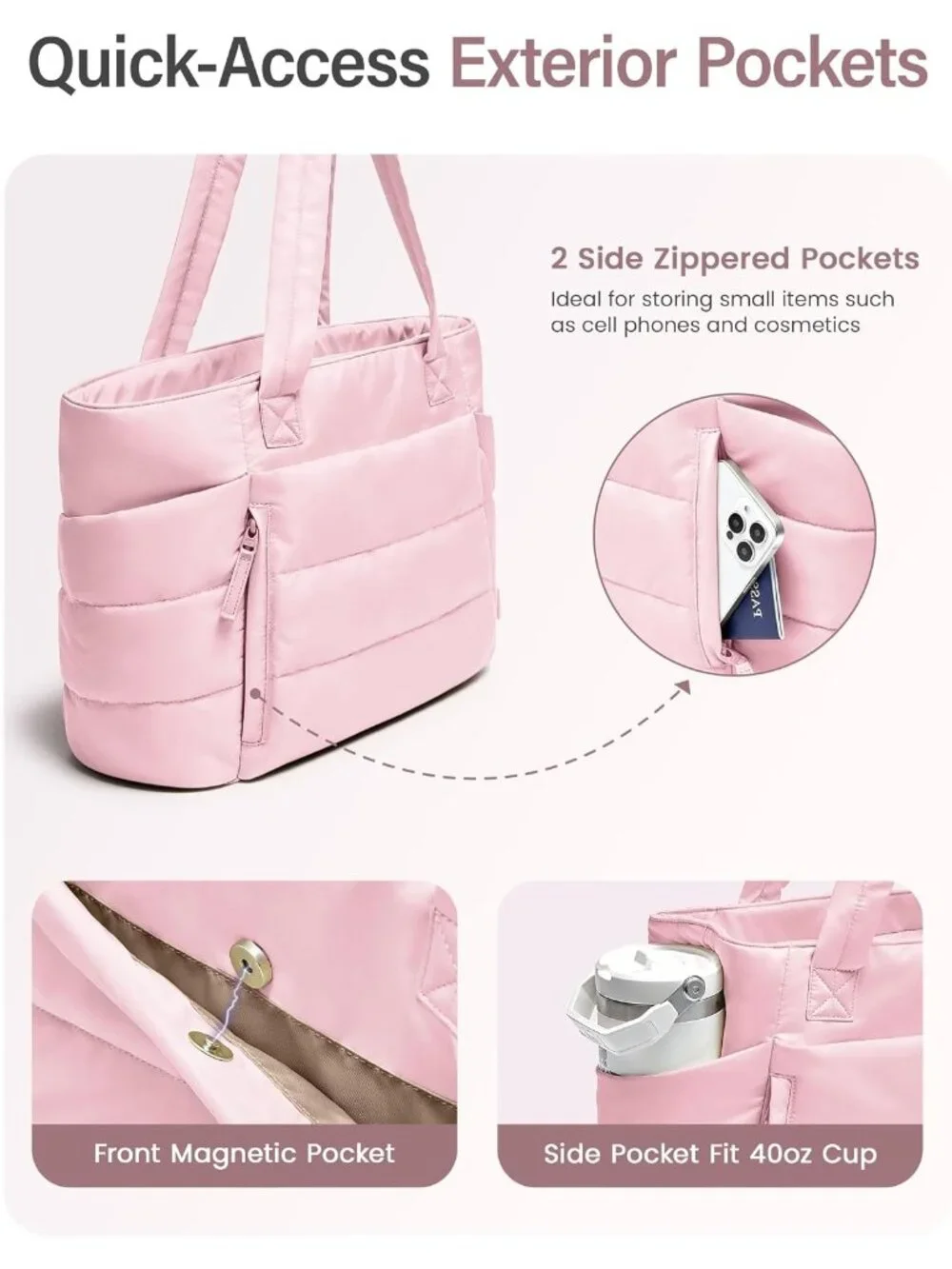 👜Women's Light Pink Quilted Puffer Tote Bag Zipper Work Bag With Compartments